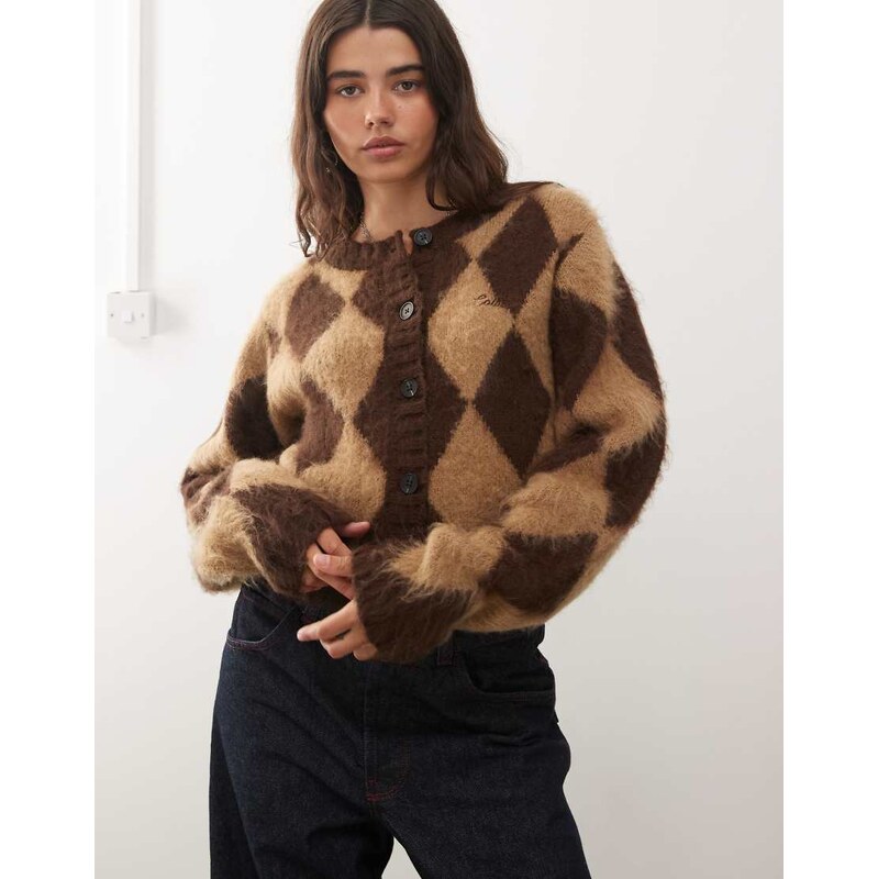 COLLUSION argyle knitted fluffy cardi in chocolate brown-Green 109101473