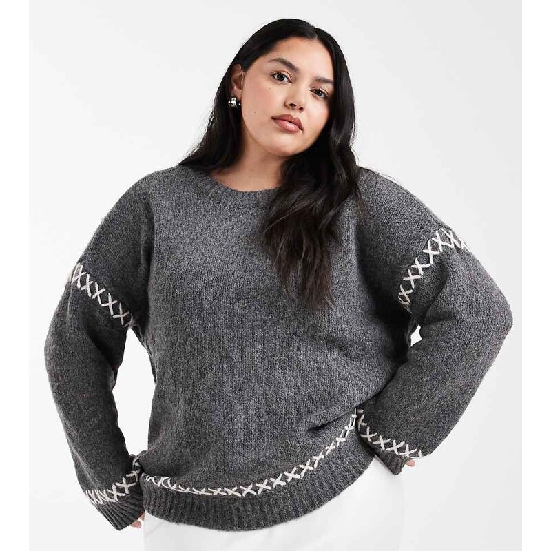 ONLY Curve contrast stitch details jumper in dark grey 109101496