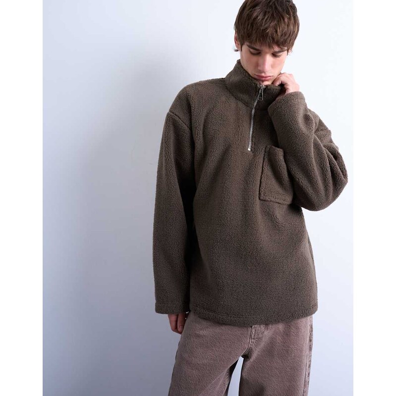 Topman 1/4 zip borg sweatshirt in dark brown