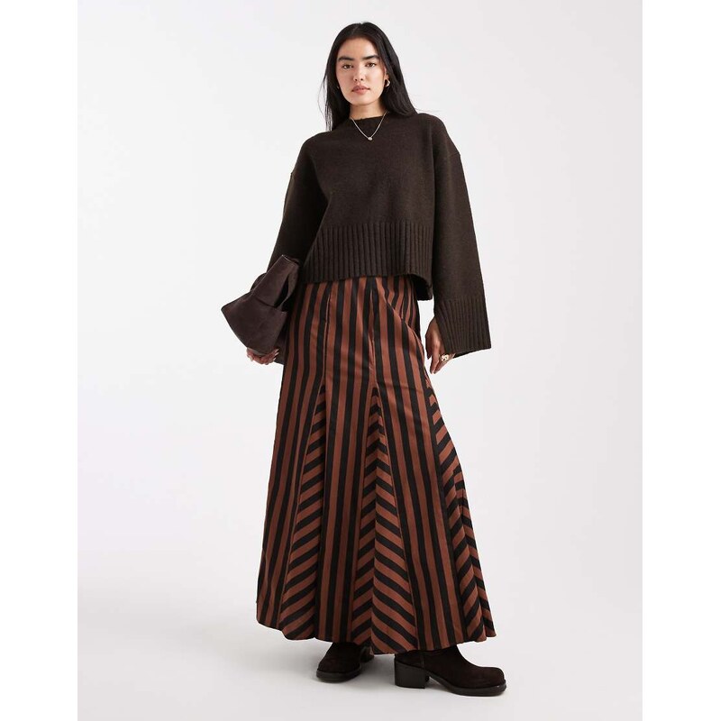 ASOS DESIGN mixed stripe godet maxi skirt in black and brown stripe