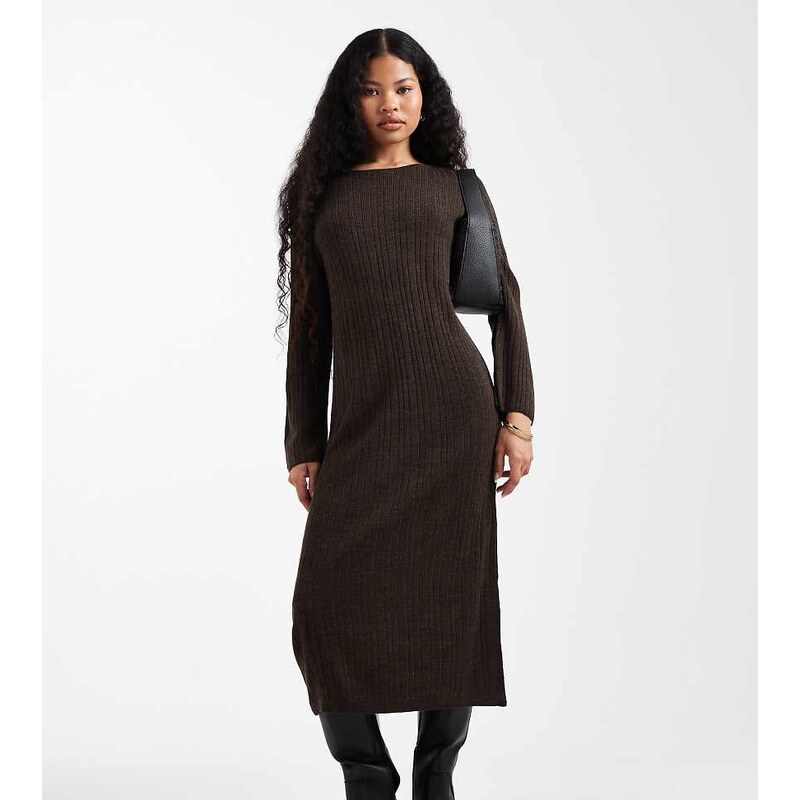 ONLY Petite knitted midaxi dress in chocolate brown