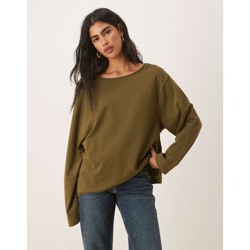ASOS DESIGN off shoulder long sleeve tee in dark olive-Green