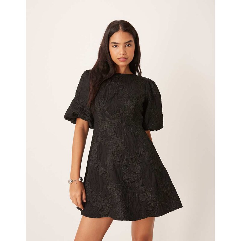 JDY mini dress with puff sleeves and bow back in black jacquard