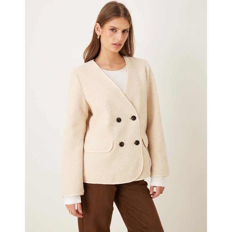 Vila teddy jacket with button details in cream-White