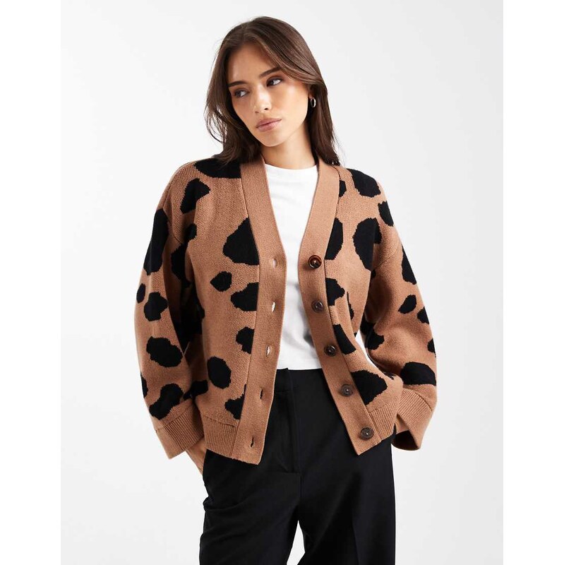 ASOS DESIGN jacquard animal boyfriend cardigan in toffee-Auburn
