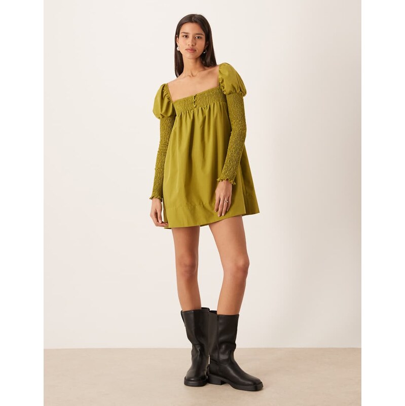 ASOS DESIGN shirred bust long sleeve button front mini dress in olive green
