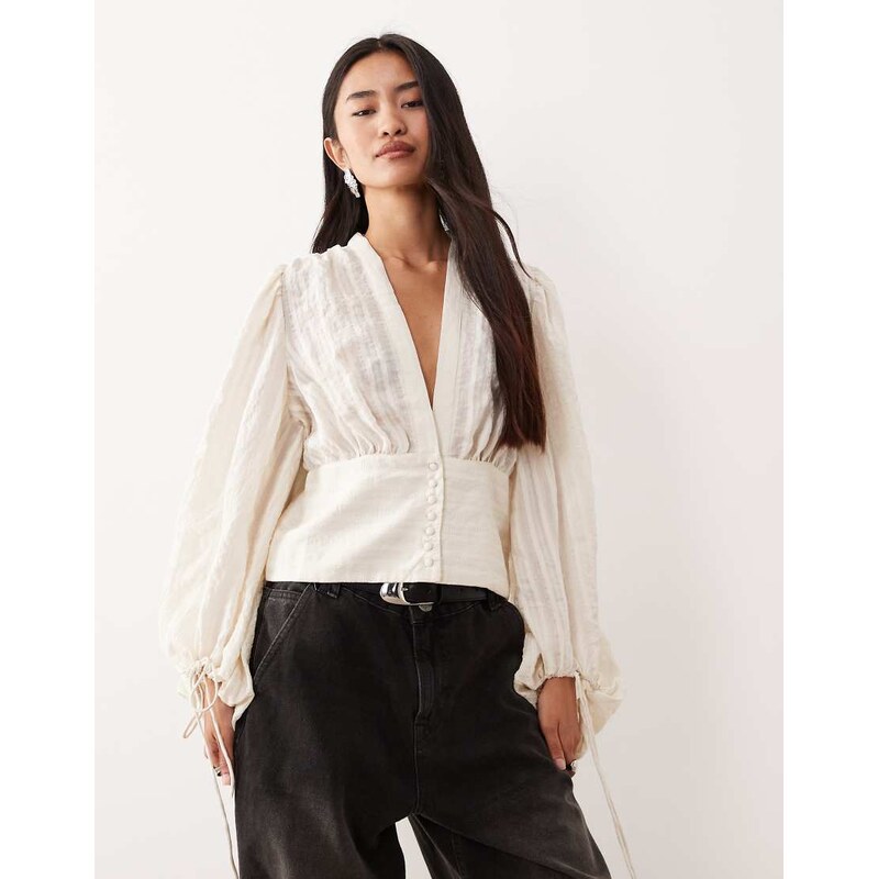 AWARE boho balloon sleeve buttondown blouse in cream-White