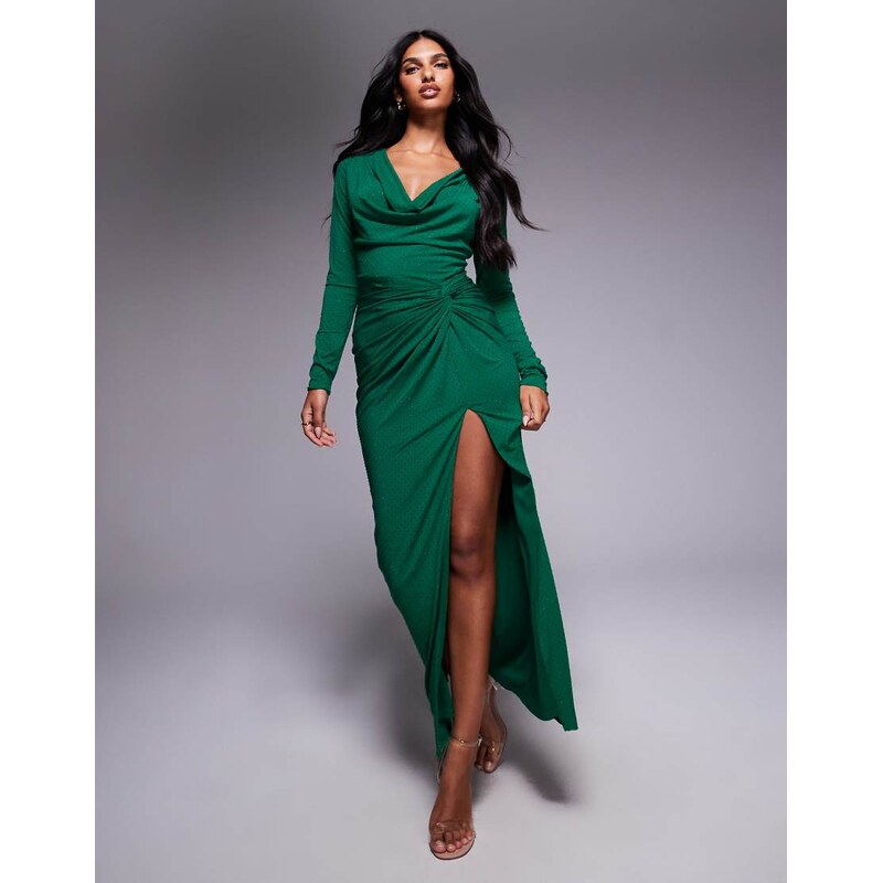 TFNC cowl front embelished maxi dress with thigh split in