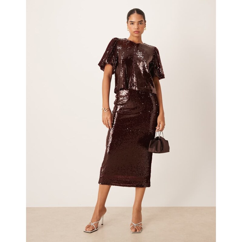 YAS premium sequin midi skirt co-ord in burgundy-Red