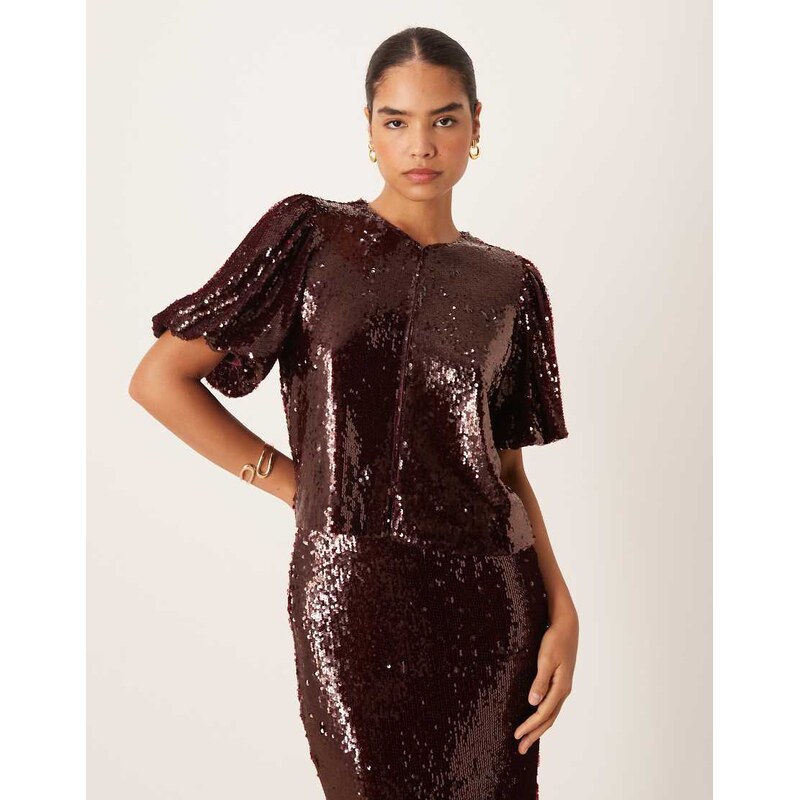 YAS premium sequin top co-ord in burgundy-Red