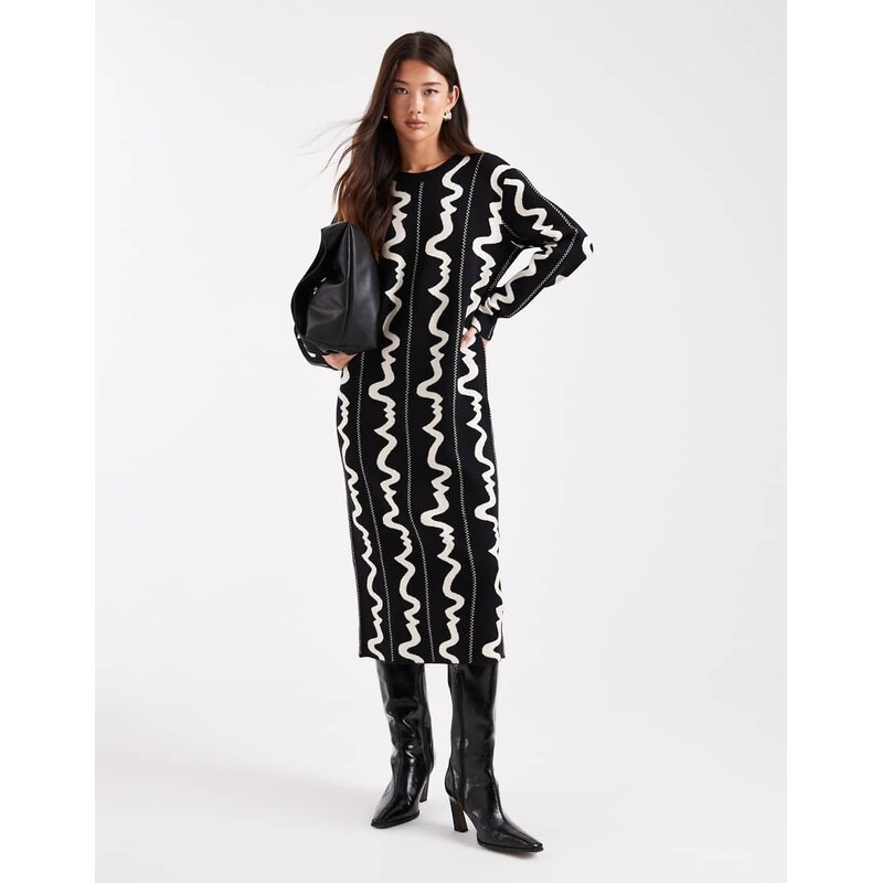 Object knitted midi dress in mono abstract print-Black 109101620