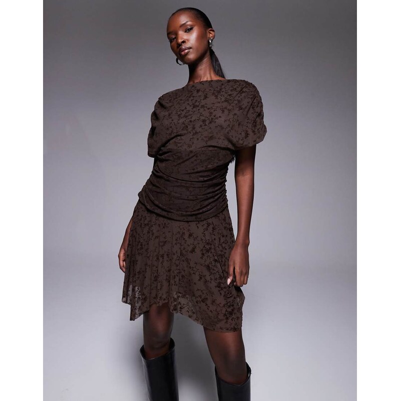 ASOS DESIGN devore short sleeve drapey mini dress in chocolate