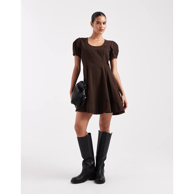 ASOS DESIGN denim seamed mini dress in chocolate-Brown