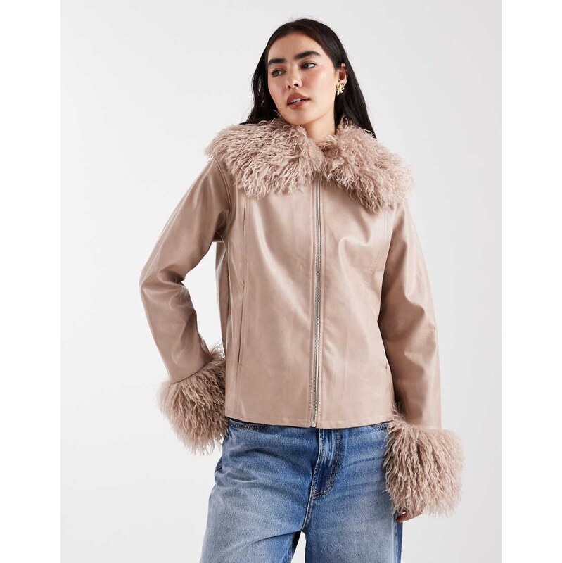 Daisy Street zip through boxy jacket with faux fur trims-Pink 114157211