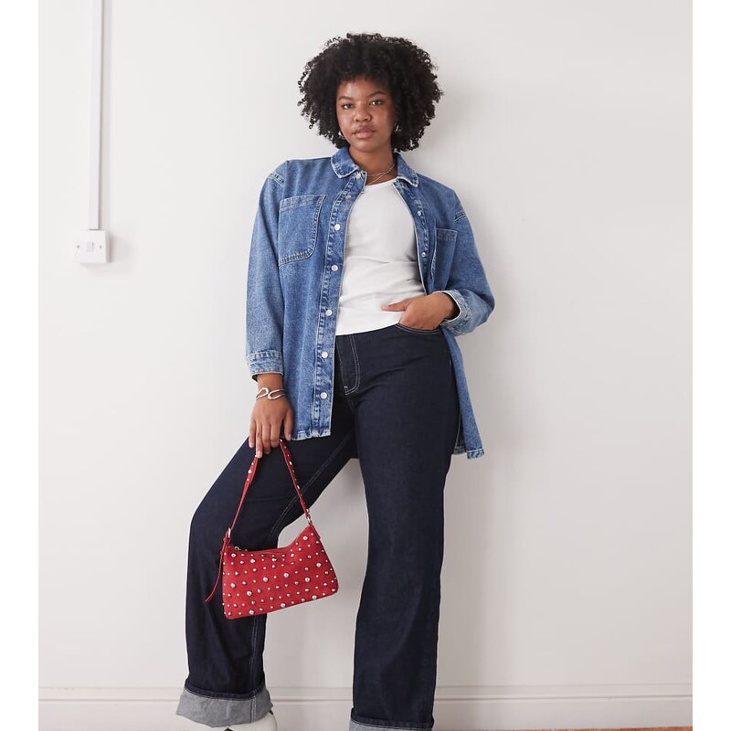 Noisy May Curve oversize denim shirt in mid wash blue 109101632