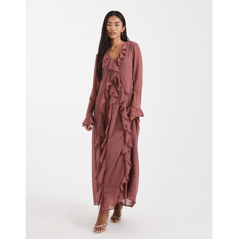 Vero Moda ruffle detail chiffon boho maxi dress in rose pink