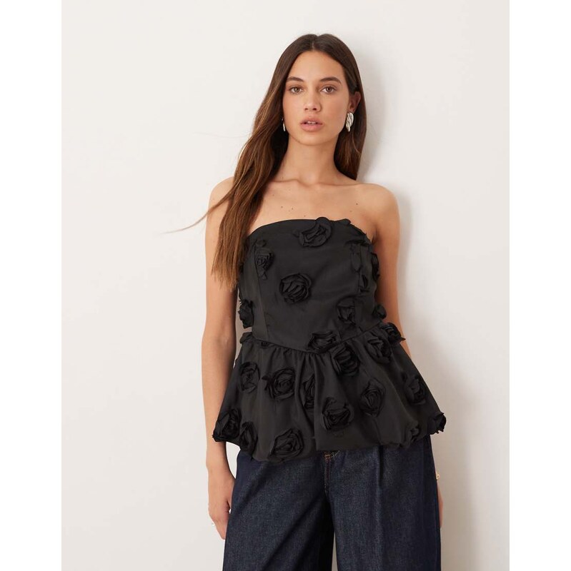 YAS 3D floral applique bandeau top in black 113137361