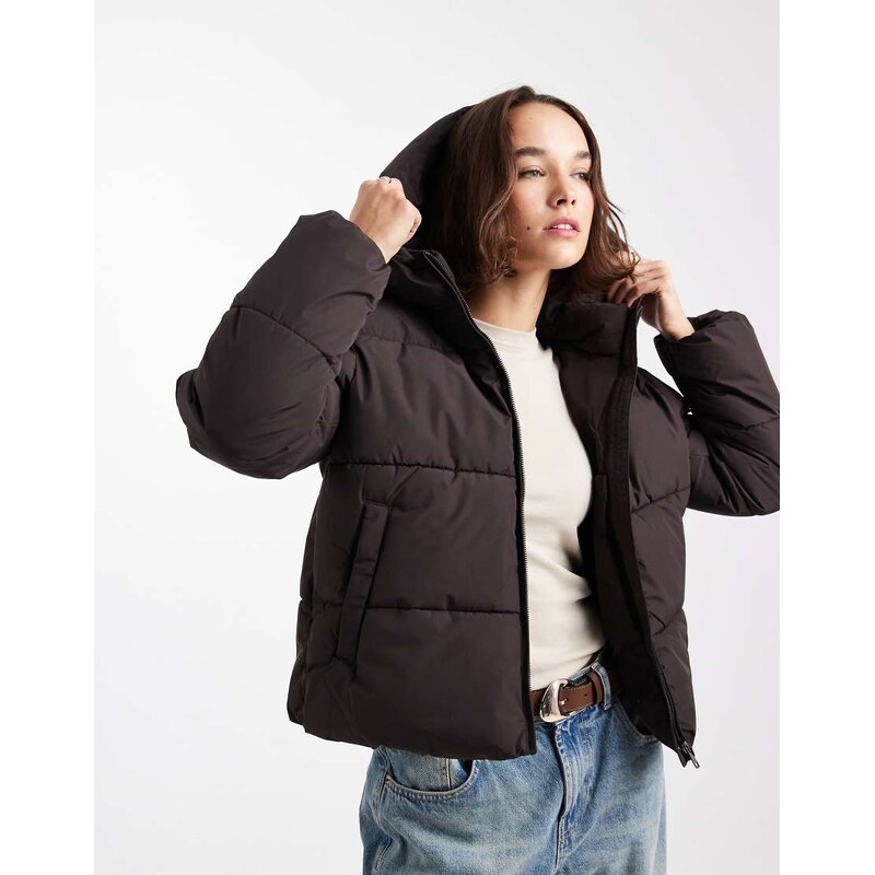 ONLY puffer jacket with hood in dark brown 109101677