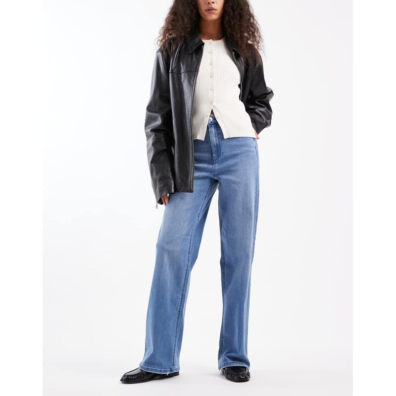 ONLY Juicy high waist wide leg jeans in mid blue