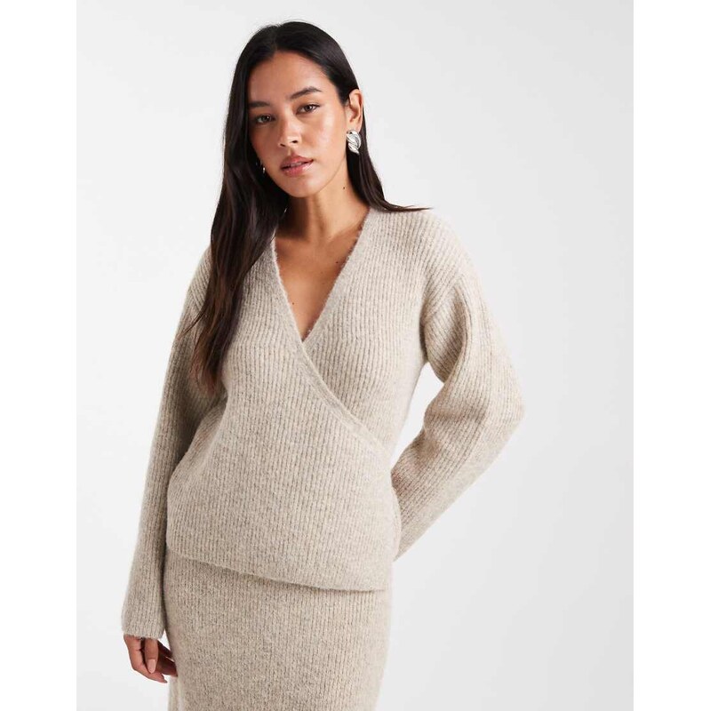 4th & Reckless wool feel ribbed knit wrap cardigan co-ord in beige 112489317