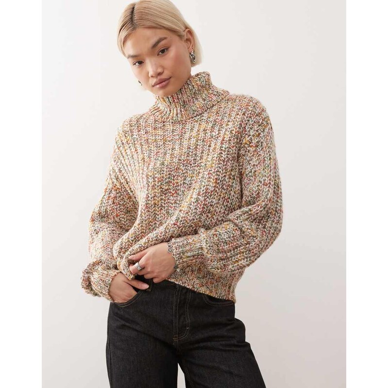 Noisy May roll neck knitted jumper in multicoloured yarn-White