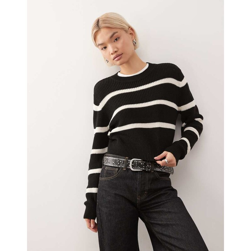 Noisy May round neck jumper in black & cream stripe 111148660