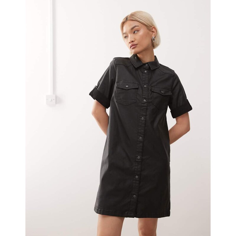 Noisy May button through coated dress in black