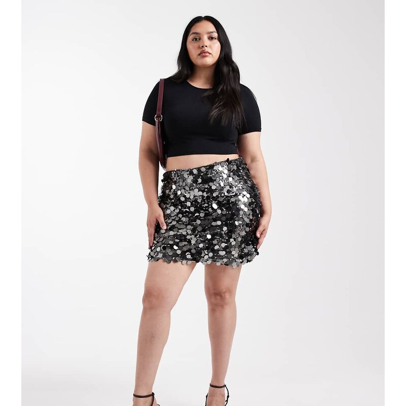 ONLY Curve disc sequins mini skirt in gunmetal-Grey