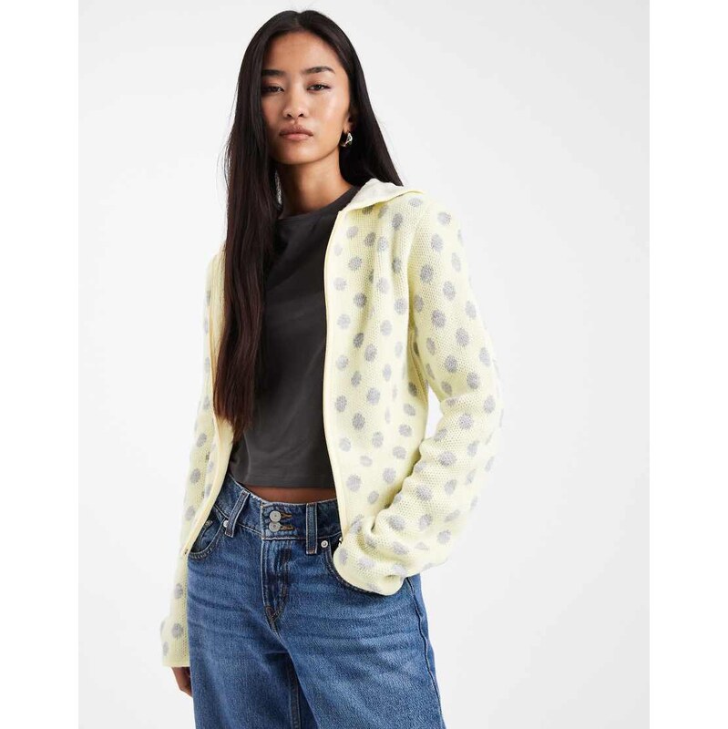 COLLUSION polka dot zip through shrunken knitted hoodie-Yellow 109101751
