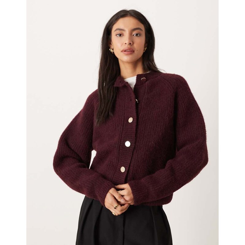 ASOS DESIGN knitted fisherman rib cardigan with raglan detail in plum-Purple