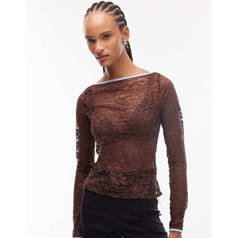 Reclaimed Vintage long sleeve top in chocolate brown lace