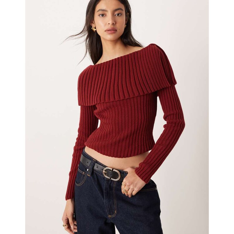 ASOS DESIGN rib bardot jumper in burgundy-Red