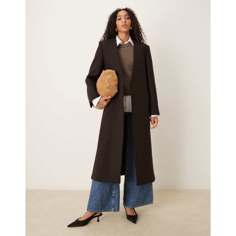 Mango Capsule wool mix collarless tailored maxi coat in brown 109113481