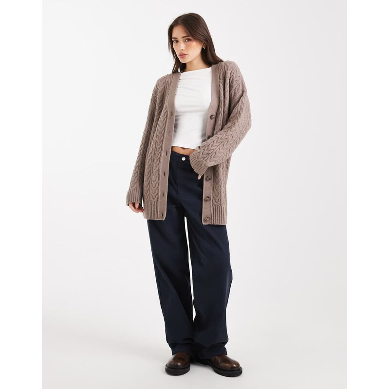 Miss Selfridge oversized longline cable cardigan in mocha-Brown 109108758