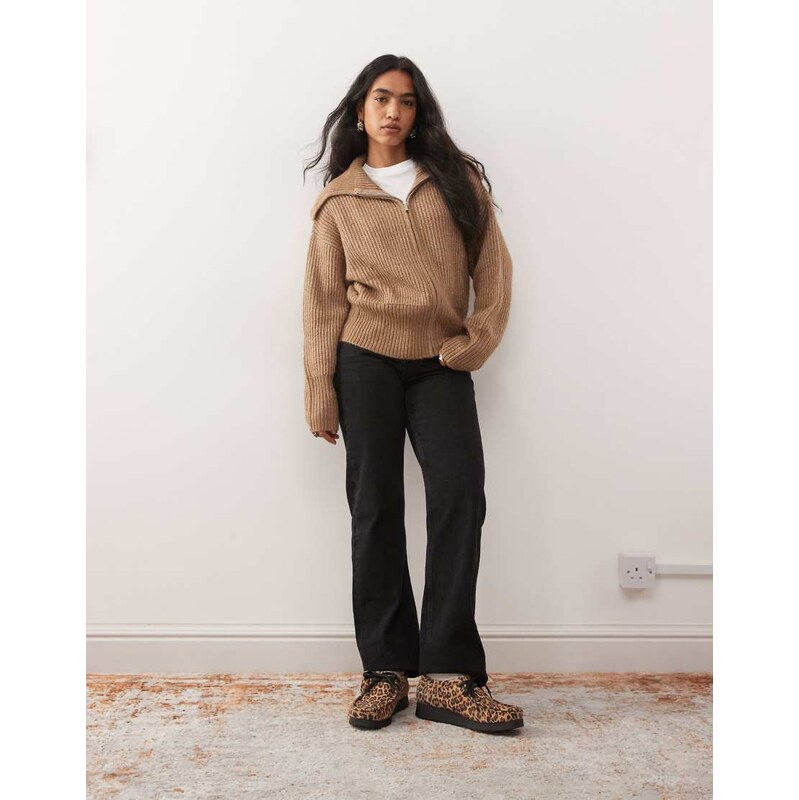 COLLUSION knitted zip through cardi in mocha brown