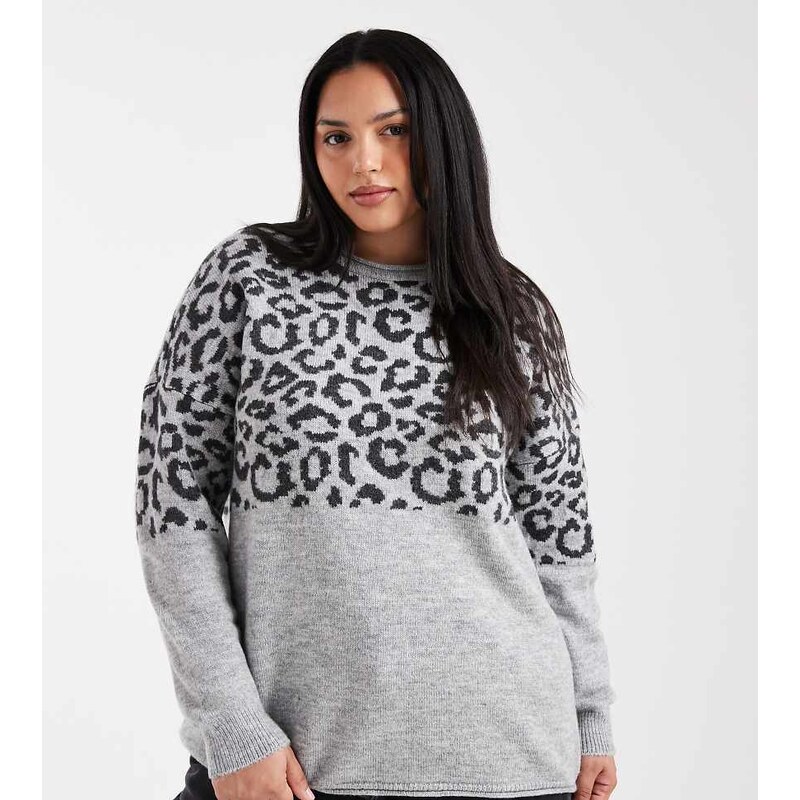 ONLY Curve animal print jumper in grey