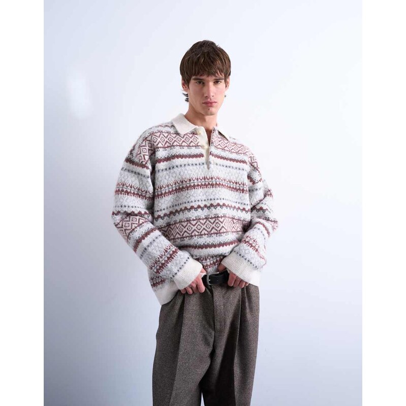 Topman regular fit fairisle stripe knitted polo in ecru-White