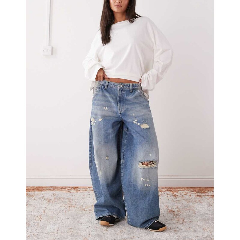 COLLUSION X006 XL balloon low rise jean in worn wash-Blue