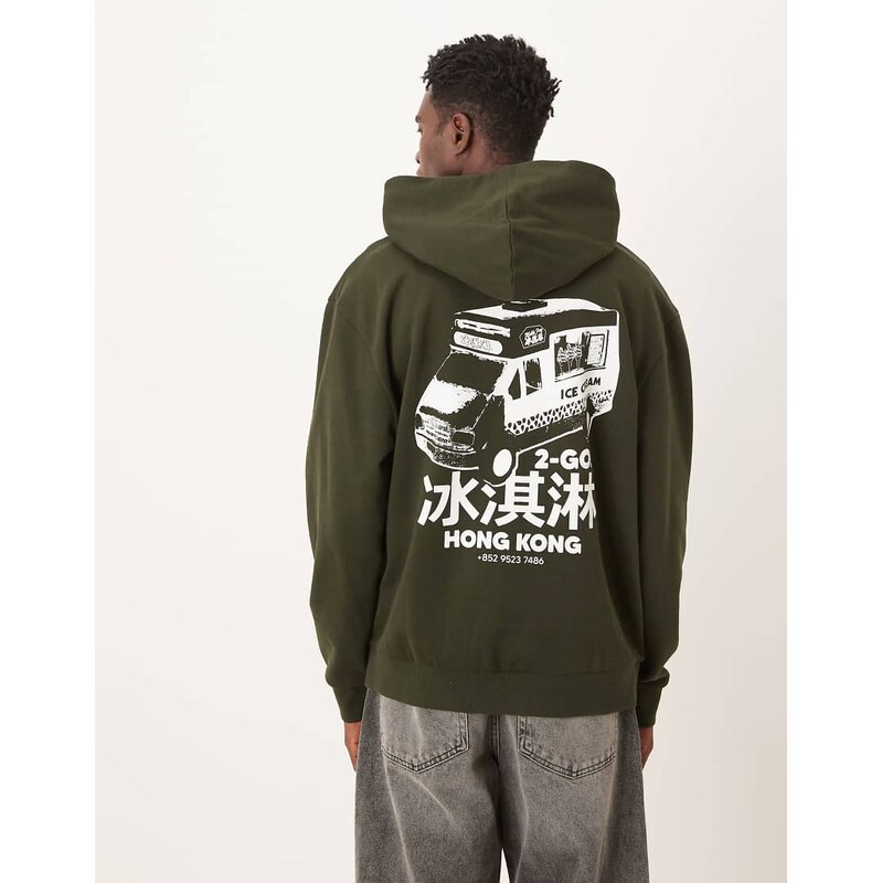 ASOS DESIGN hoodie with souvenir van back print in charcoal-Green