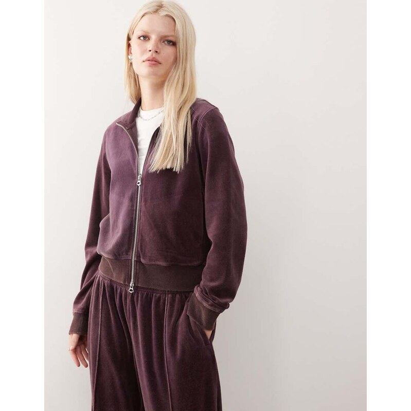 Weekday co-ord velvet zip through jacket in dark plum-Purple
