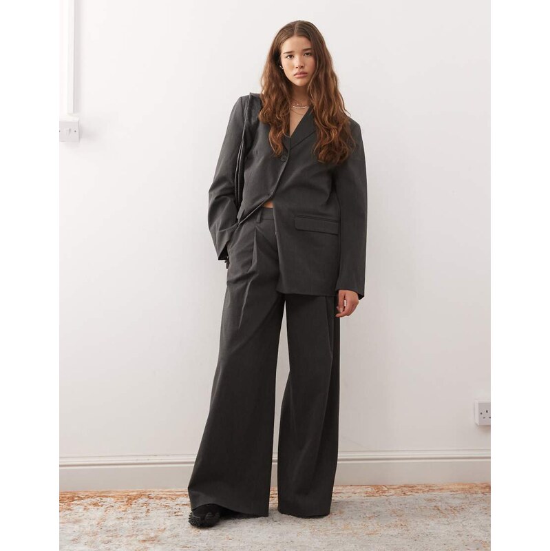 Weekday co-ord oversized wide leg pleated trousers in dark grey 114880912
