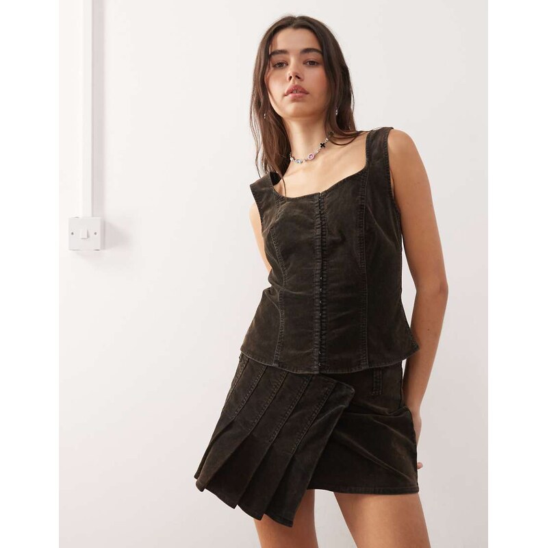 Weekday co-ord pleated front velvet mini skirt in dark brown