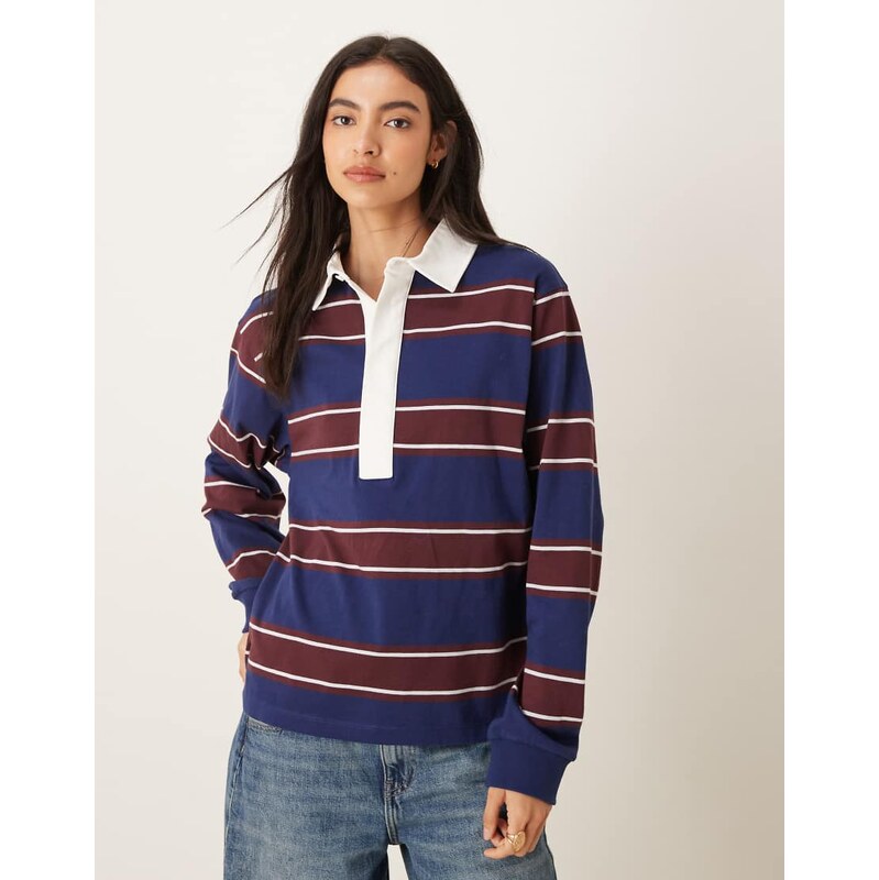 ASOS DESIGN oversized rugby shirt in navy & burgundy stripe