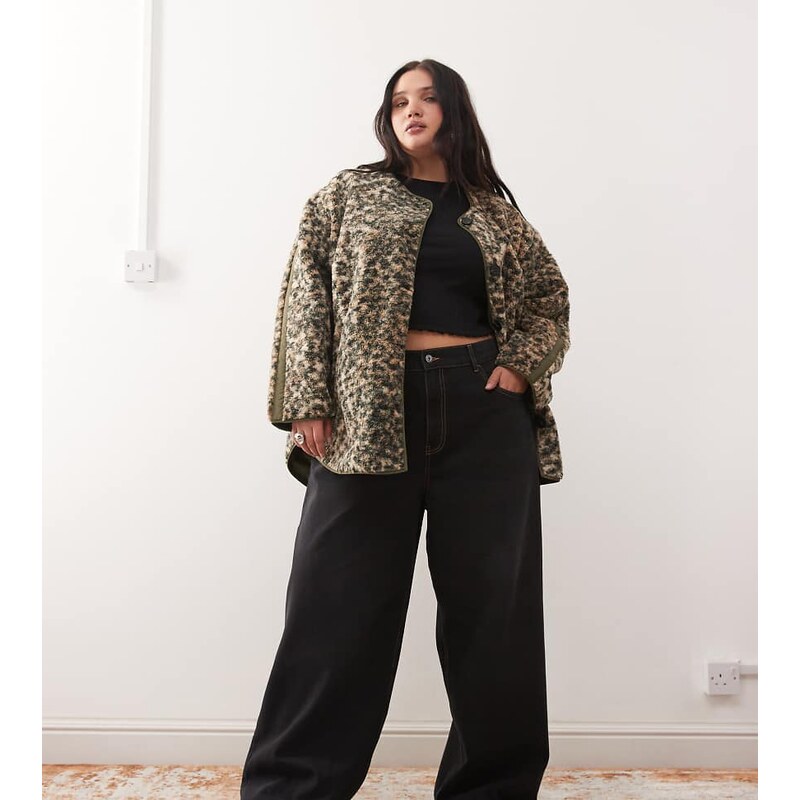 Noisy May Curve oversized collarless teddy jacket in leopard print 109109239