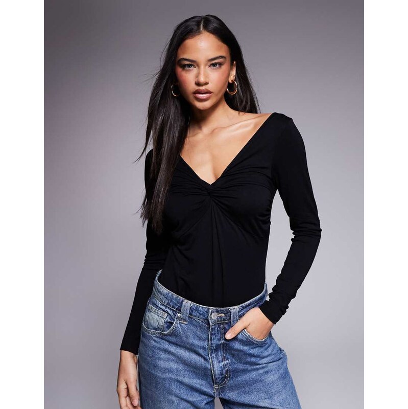 ASOS DESIGN long sleeve twist front bodysuit in black - BLACK