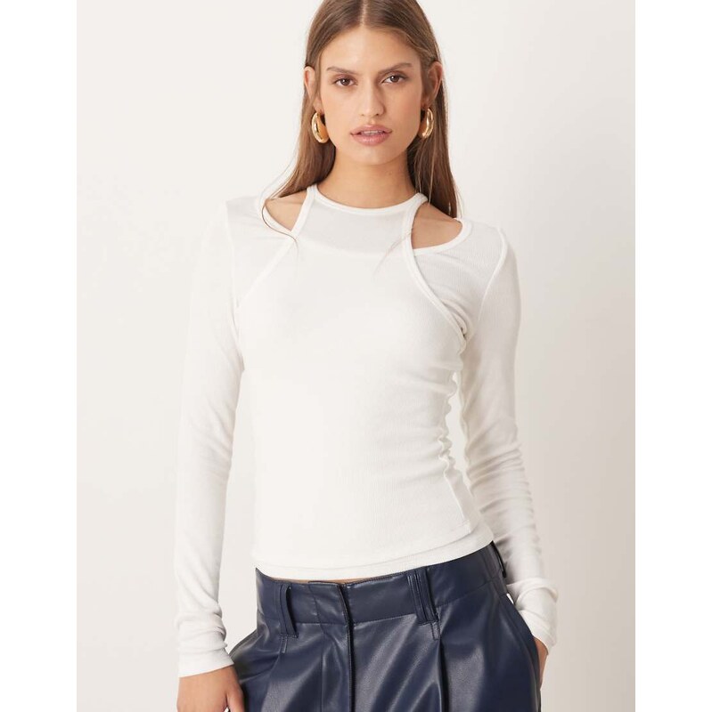 Mango overlay detail long sleeve top in white 109109250