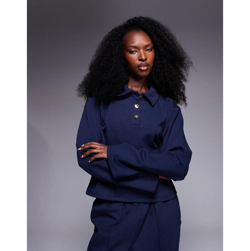 ASOS DESIGN co-ord interlock cinch waist long sleeve top in navy