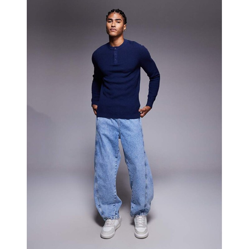 ASOS DESIGN muscle fit knitted henley neck jumper in navy