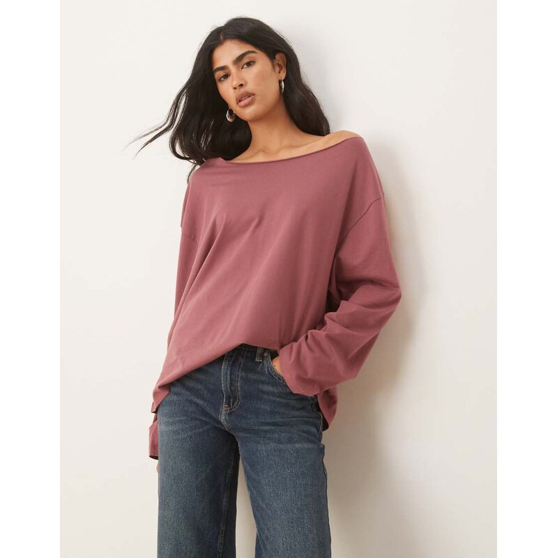 ASOS DESIGN off shoulder long sleeve tee in dark rose-Brown