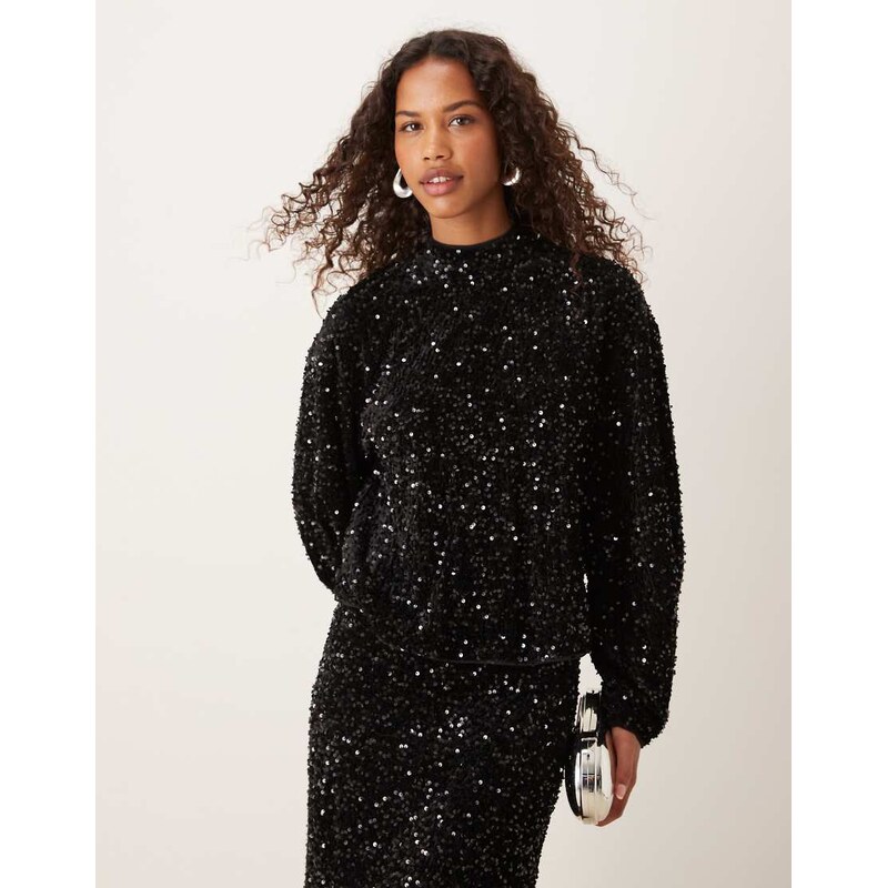 ASOS DESIGN velvet sequin open back long sleeve co-ord blouse in black